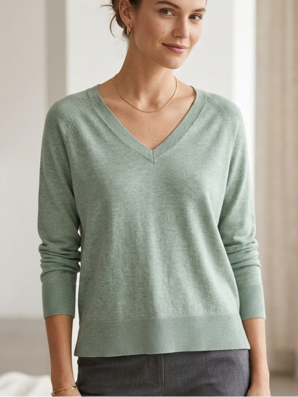 Mango V-Neck Lightweight Sweater in Sage Green Medium Elevated Basics Quality
